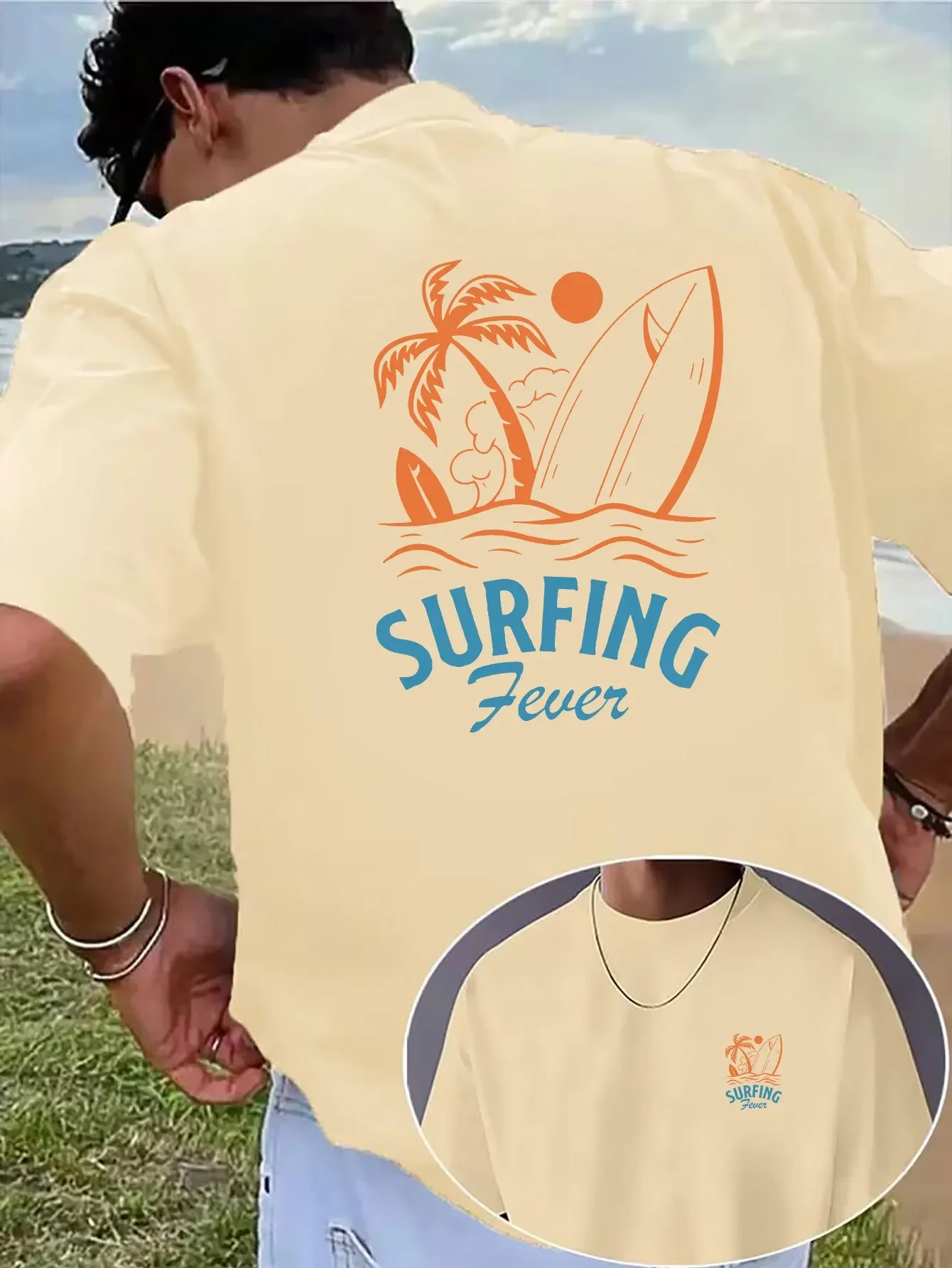 T-shirt da uomo a tema surf con motivo albero di palma e tavola da surf con scritta "Surf Craze". Camicia Estiva Casual Comoda in 100% Cotone - immagine 5