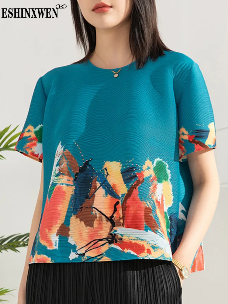 

Eshin Round Collar Short Sleeve Printing Pleated Tops T Shirt For Women 2023 Autumn Fashion Female New Y2k Style Clothing TH2537