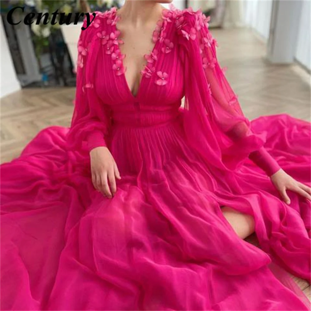 Fuchsia A Line V Neck Evening Dress Appliques Prom Dress Chiffon Sleeveless Wedding Party Dresses High Split vestidos de fiesta