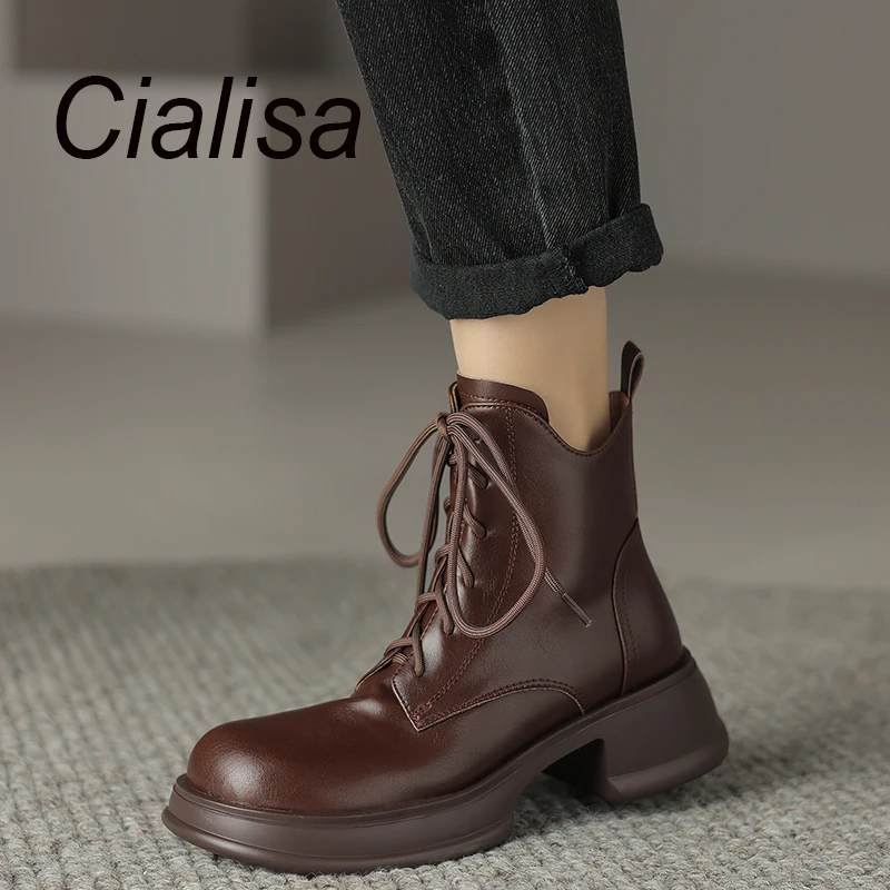 

Cialisa Women Short Boots Genuine Leather Lace Up Shoes 2023 Autumn Winter Brown Black Round Toe Mid Heels Lady Ankle Boots New