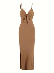 Chic Knit Sleeveless Suspender Dress with Open Back - M (Brown)