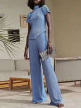  Bodycon Turtleneck T Shirts Two Piece Set Women Summer Blue Pleated High Waist Pants Set Female Casual Wide Trouser Suits 2022 