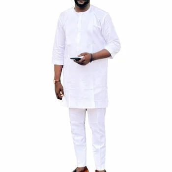 Top da uomo bianco in stile tradizionale africano con pantalone moda nigeriana 3/4 maniche sposo set vestito da festa maschile 1