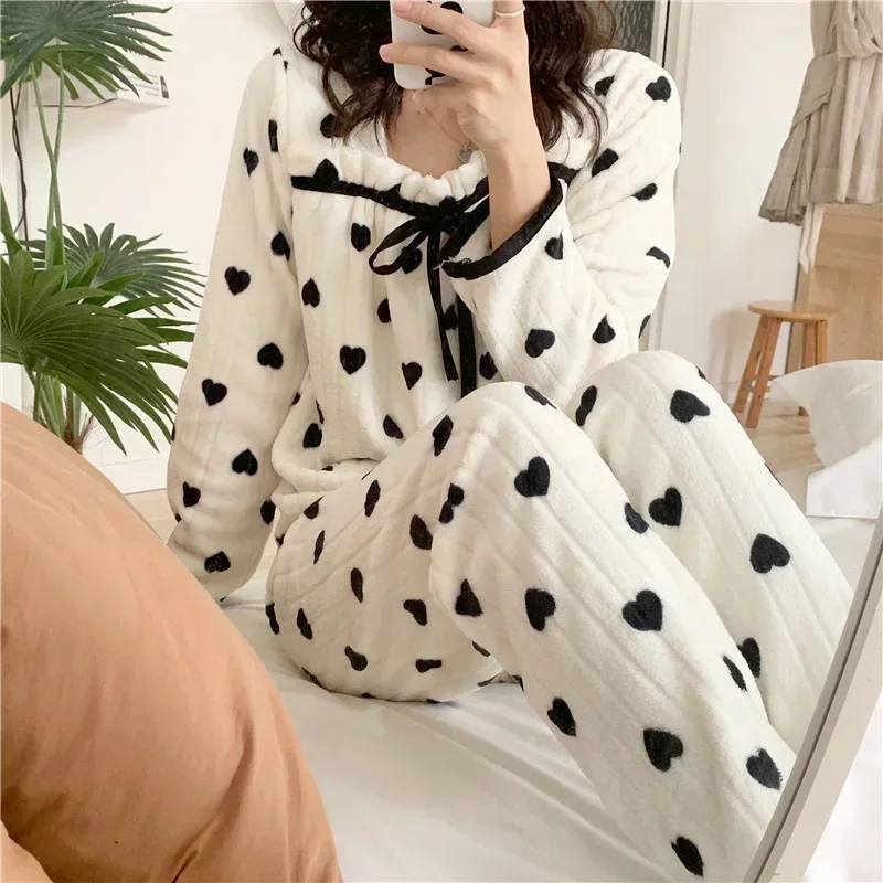 

Women's Pajamas Coral Fleece Square Neck Women Pajama Flannel Polka Dot/Bow Loungewear Set Sleepwear Autumn and Warm Winter