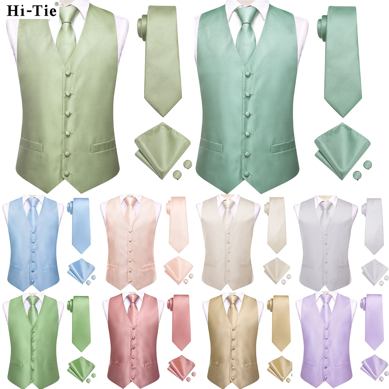 Hi-Tie Sage Green Solid Silk Mens Suit Vests 4PC Woven Waistcoat