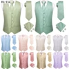 Hi-Tie Sage Green Solid Silk Mens Suit Vests 4PC Woven Waistcoat Tie Pocket Square Cufflinks Business Wedding Dress Waist Jacket 1
