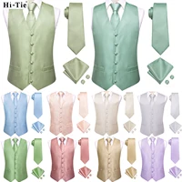 Hi-Tie Sage Green Solid Silk Mens Suit Vests 4PC Woven Waistcoat Tie Pocket Square Cufflinks Business Wedding Dress Waist Jacket 1