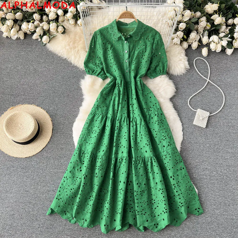 

ALPHALMODA 2022 Summer New Turn-down Collar Hollow-out Dress Puff Short-sleeved Single Breasted High Waist Solid Retro Dress