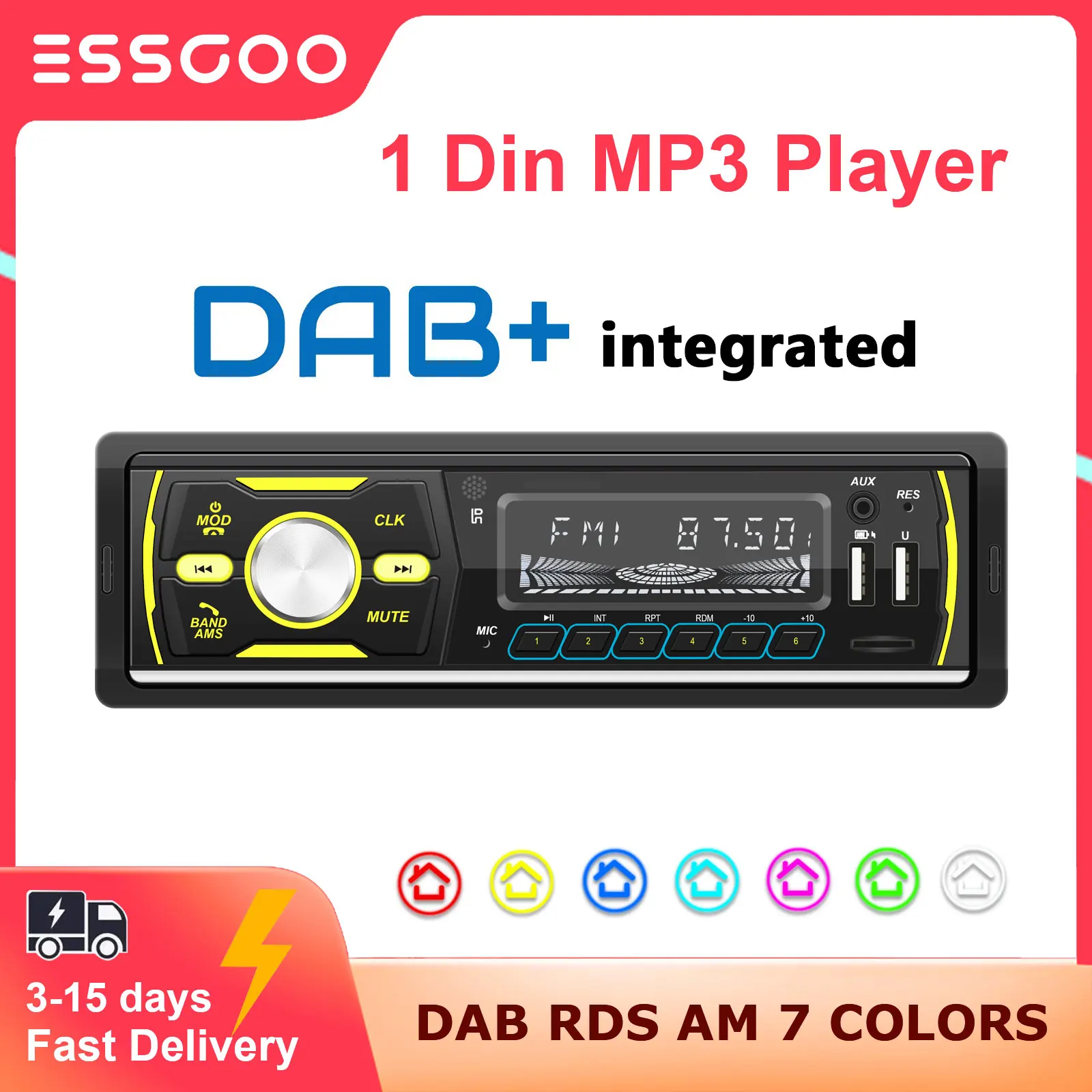 Автомагнитола ESSGOO 1 Din с MP3-плеером, Авторадио DAB + RDS AM FM стерео радио 7 цветов с кнопкой Bluetooth центральный мультимедийный автомобильный аудио
