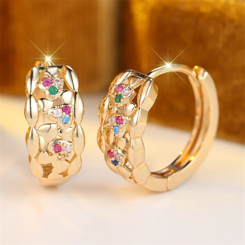 Vintage Hollow Rainbow Crystal Zircon Hoop Earrings For Women Fashion Gold Silver Color Ear Buckle Wedding Jewelry Bridal Gifts