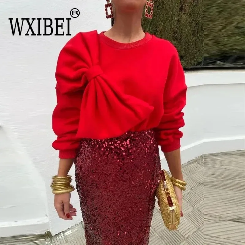 

WXIBEI Solid Bow O-Neck Women Pullover Spring Long Sleeve Casual Female T-shirt 2024 Elegant Fasion All-match Outwear 01A100