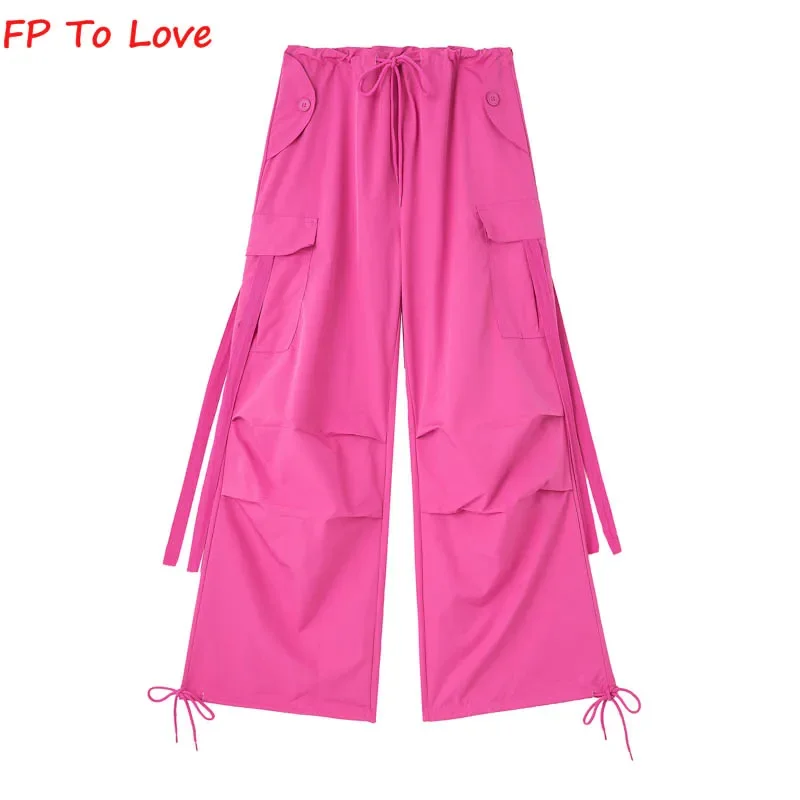 Y2K Pantaloni Cargo Tascabili Donna Pantaloni Larghi Gamba Larga Cintura Rosa Caldo Cintura Campus Pb E Za Donna Giallo Rosso Grigio Nero