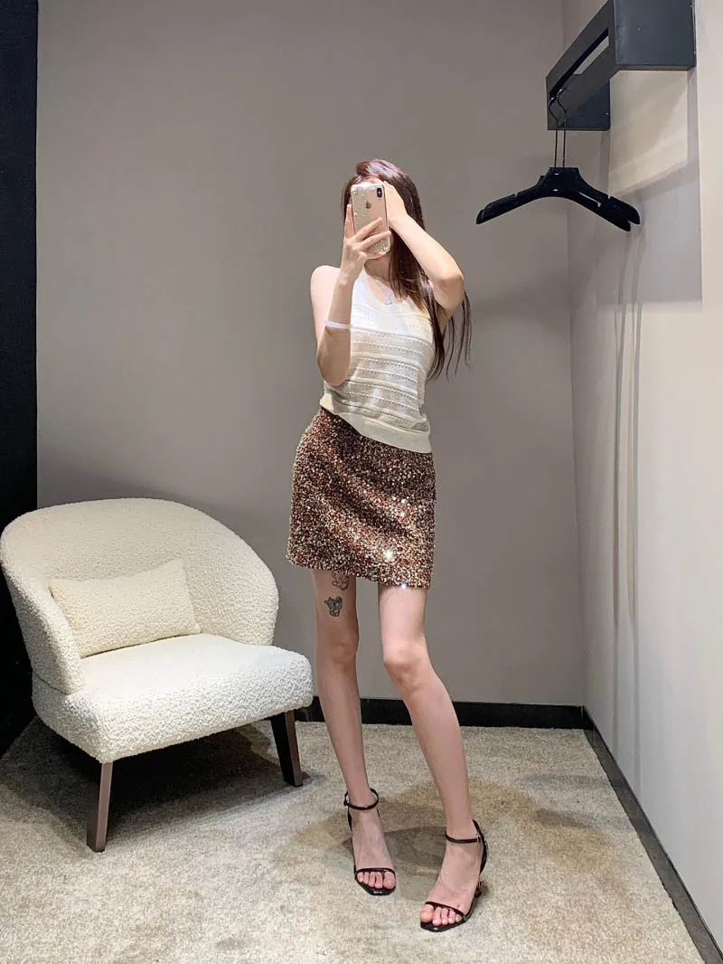 

Sexy sequin mini skirt ladies heavy craft embroidery waist slimming mesh classic H half skirt wrap hip hot skirt