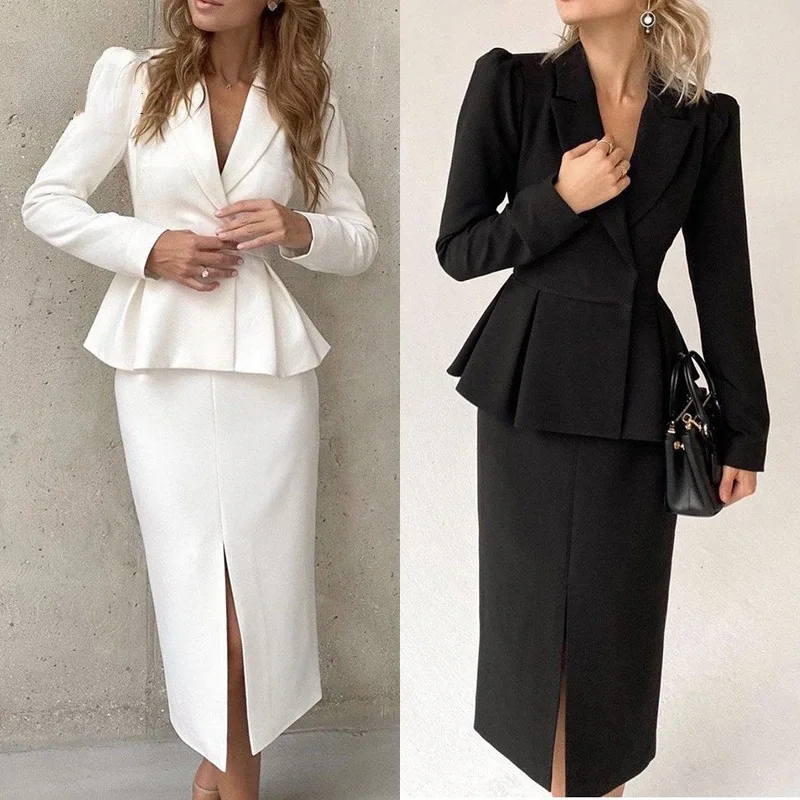 SKMY Autumn Solid Color V-Neck Long Sleeve Midi Skirt Slim Office Ladies Suit 2023 New Fashion Women Two Piece Set Outfits