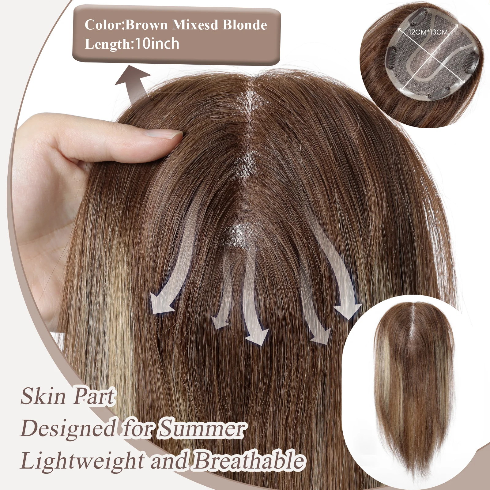 Human Hair Toppers Highlight Topper Human Hair Mono Base 12*13cm Hair Toppers For Women With Thinning Hand Made Topper Piece Clip In 14in