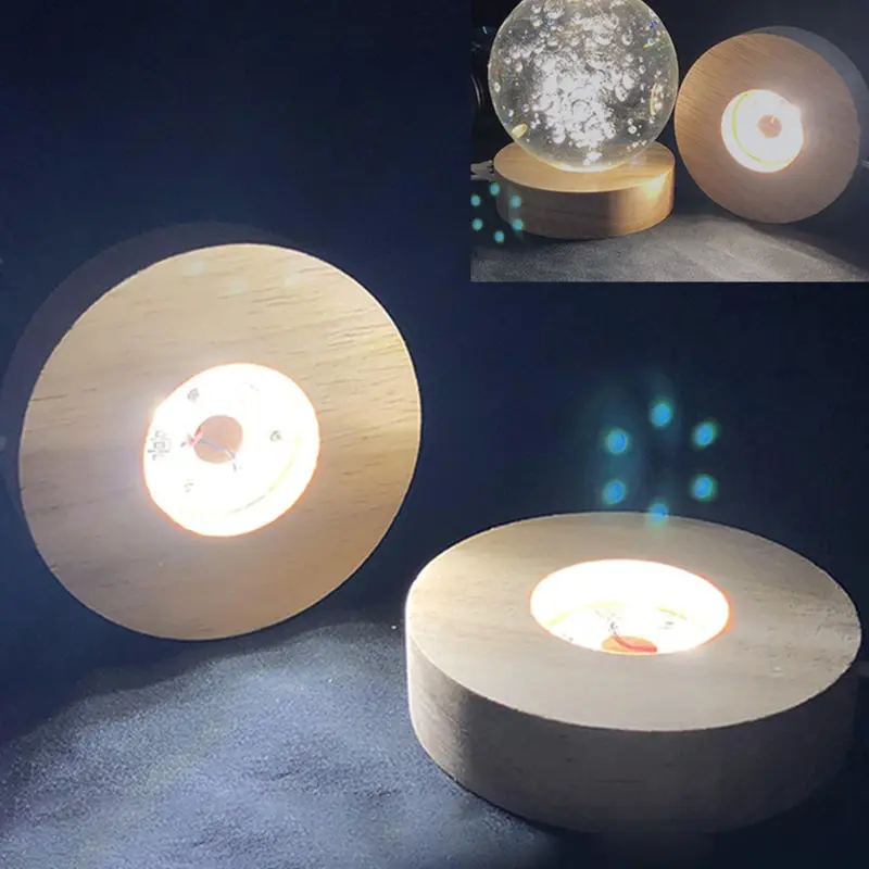 원형 또는 사각형 나무 LED 조명 디스플레이 베이스, 크리스탈 유리 아트 장식, 나무 야간 램프 베이스, LED 조명 디스플레이 스탠드 라이트 베이스