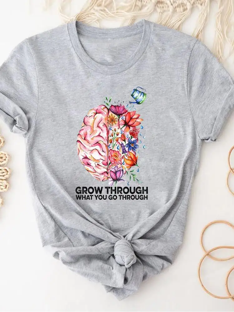 Women Clothing Print Gray T Shirt Short Sleeve Summer Top Plant Flower Trend Fashion Clothes Basic Tee Graphic T-shirt