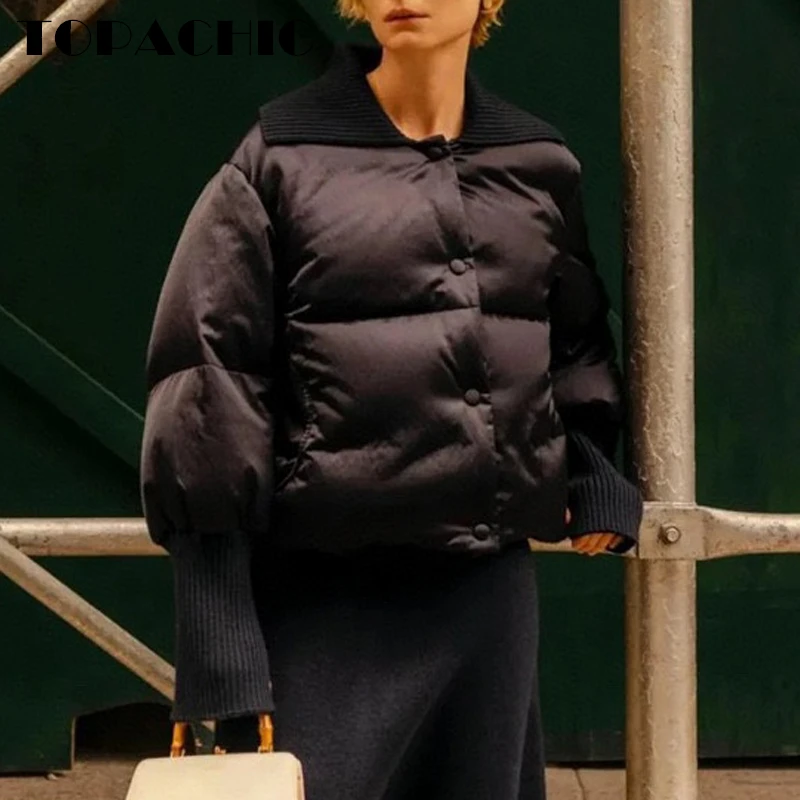 

11.1 TOPACHIC Women's Temperament Ribbed Turn Down Collar Split Cuff Solid Color Soft Comfortable Down Jacket