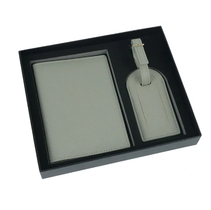 Saffiano Travel Duo: Minimalist Passport and Ticket Holder with Luggage Tag in Gift Box Set