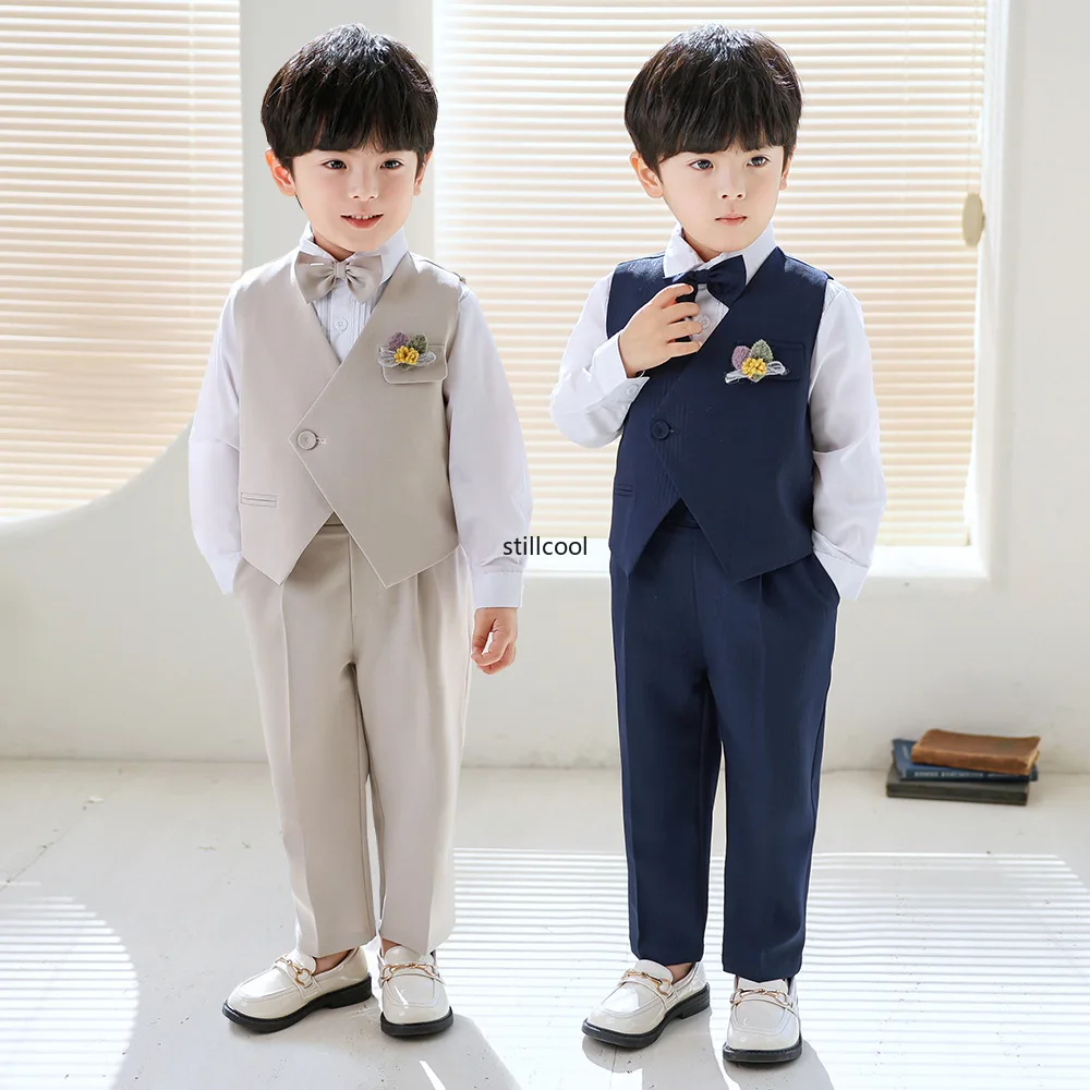 

Toddler Formal vest Blazer Set Khaki Noble Gentleman Weddings Suits for Boys 2 To 12 Y Kids Birthday Piano Performance Costume
