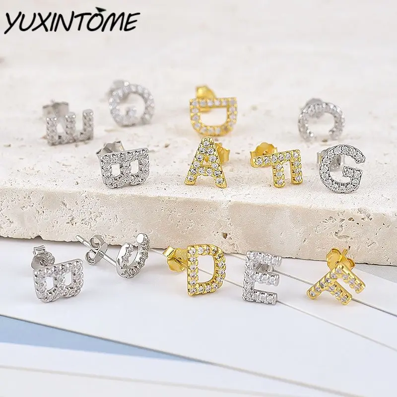 

925 Sterling Silver Needle Simple 26 Letters Crystal Zircon Stud Earrings Fashion Generous Women's Earrings Daily Wear Jewelry