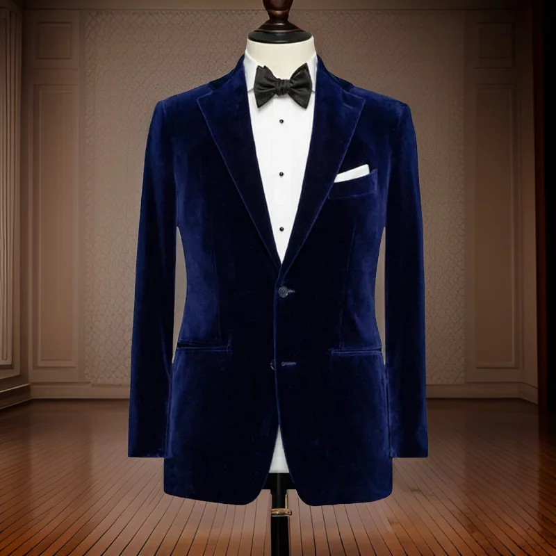 Velvet Men Suit Jacket for Prom Wear Dinner 1 Piece Royal Blue Smoking Blazer Notch Lapel Male Tops Coat American Fashion