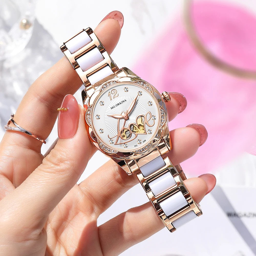 

ORKINA Women Mechanical New Watch Designer Luxury Top Brand Ceramic Stainless Steel Diamond Skeleton Ladies Automatic Wristwatch