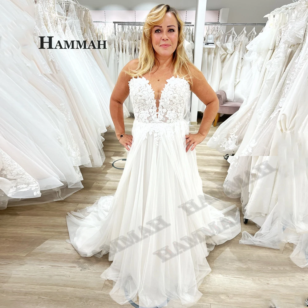

HAMMAH A Line Simple Tulle Wedding Dresses Appliques Sleeveless Court Train Mordern Lacing Up Vestidos De Novia Brautmode