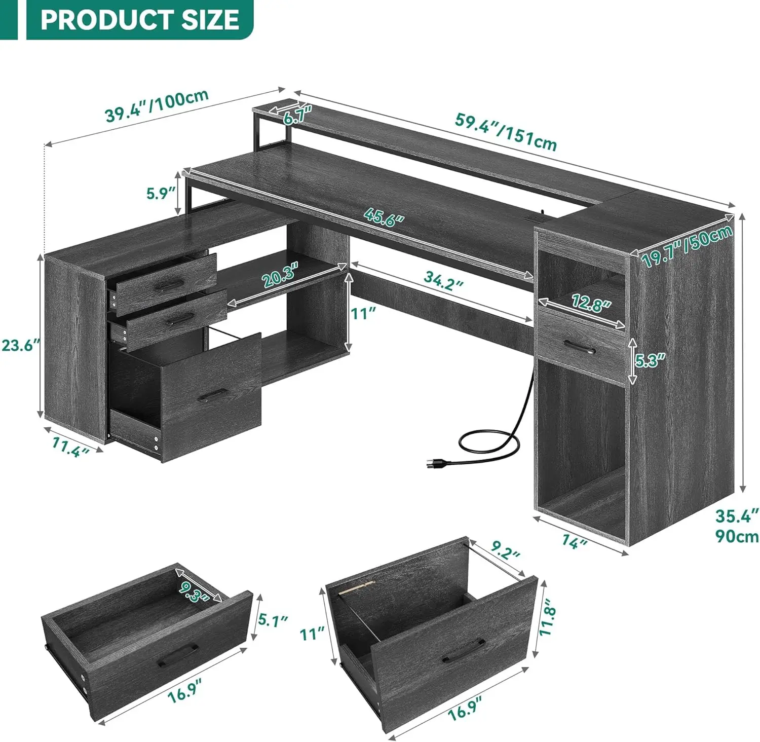 Farmhouse L Shaped Desk with Drawers 59" Corner Computer Desk with Power Outlets LED Lights Wood L-Shaped Desk with File Cabinet