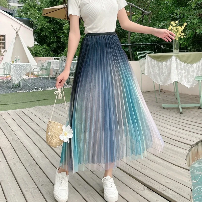 

Gradient Tulle Pleated Long Skirts for Women High Waist Spring Summer Patchwork A Line Skirt Korean Style Falda Tul Para Mujer