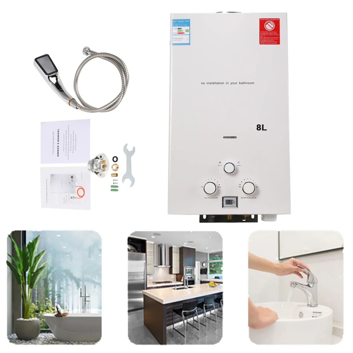 8L Tankless Propane Gas Water Heater 16KW LPG Instant Hot Water Heater Boiler LED Display Outdoor Camping With Shower Head Kit 12l gas lpg hot water heater propane tankless instant boiler stainless steel ce