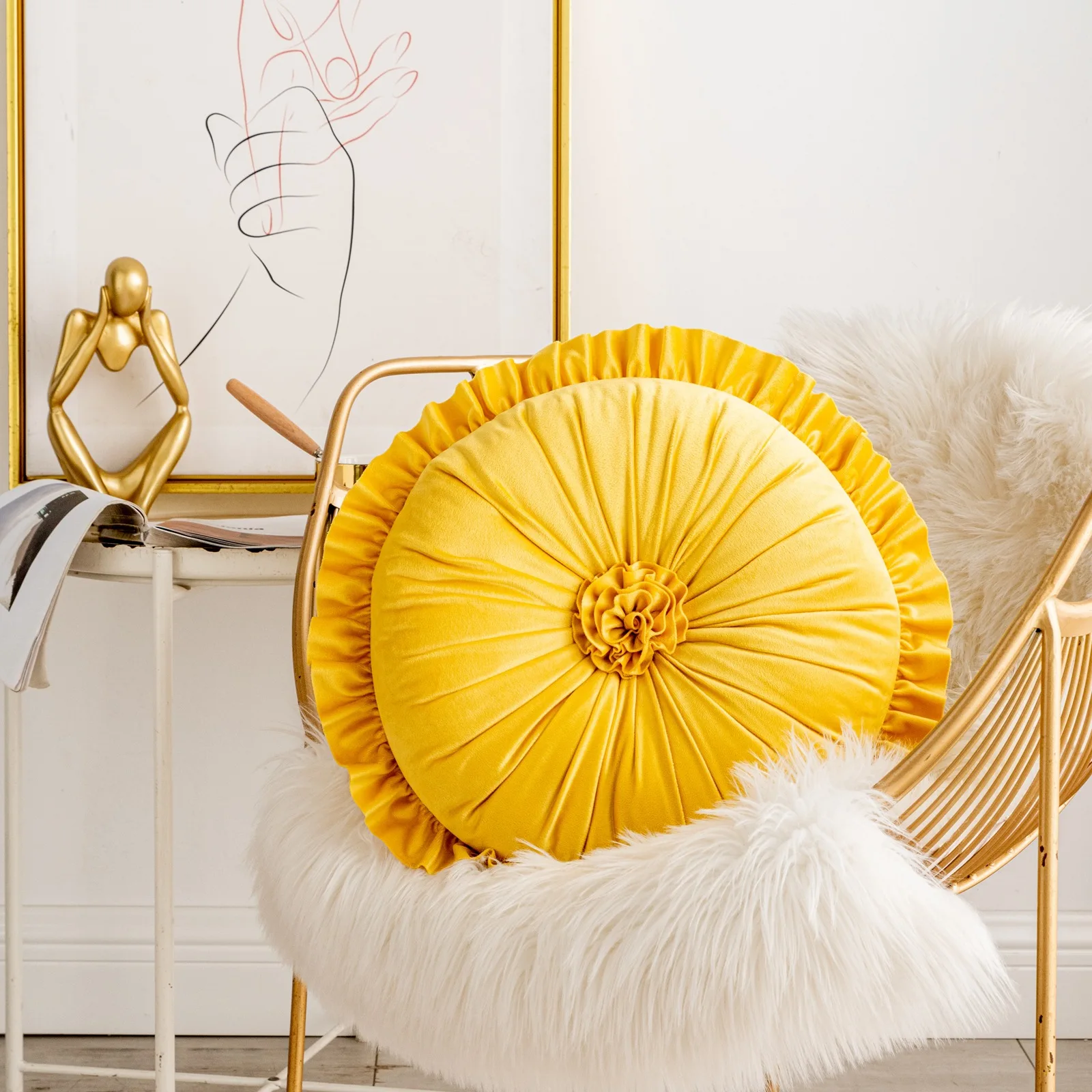 Nordic Dutch Velvet Ruffle Flower Round Throw Pillow for Couch