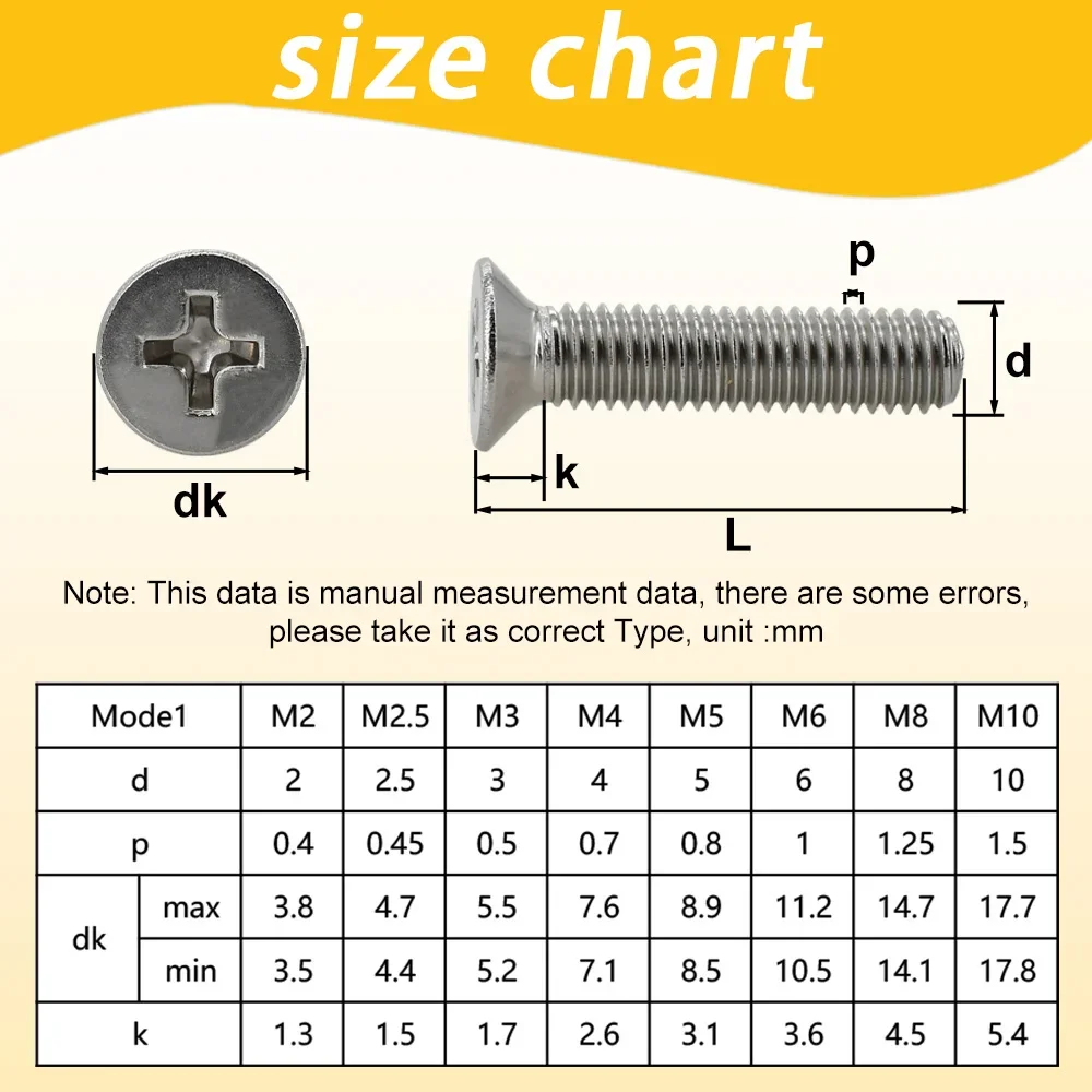 Stainless Steel Screws M1.6-M10 304 Stainless Steel Cross Phillips Flat Bolt Countersunk Head Furniture Screw Length 3-80mm
