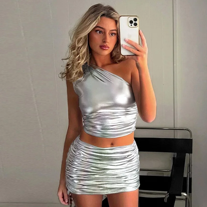2023 Pu Leather One Shoulder Sleeveless Crop Top Shirring Bandage Skirts 2 Piece Sets Summer Casual Party Y2K Clothes jeheth elegant green satin sleeveless evening dress for women party gown a line floor length lace up back abendkleid 2023