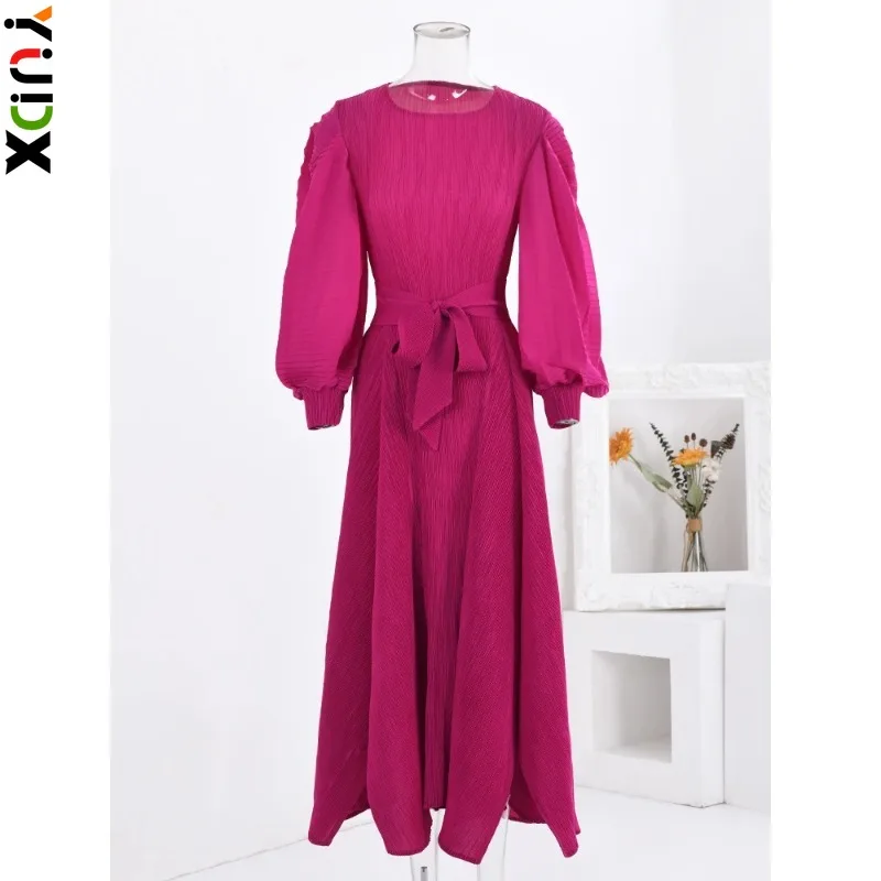 

YUDX Miyake Fashion Party Pleated Women's Dress Round Neck Lantern Sleeves Belt Gathered Waist Dresses Party 2024 New