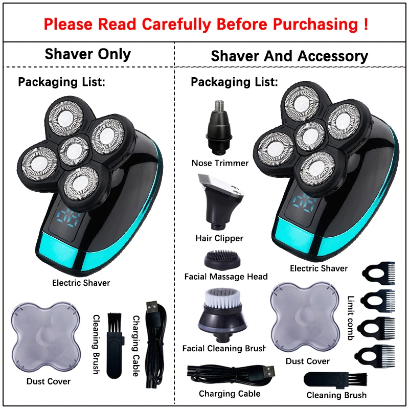 5 In 1 Electric Shaver For Men Bald Hair Clipper Nose Trimmer 5D Floating Blade Head Shaving Beard Knife Rechargeable_voghion.com