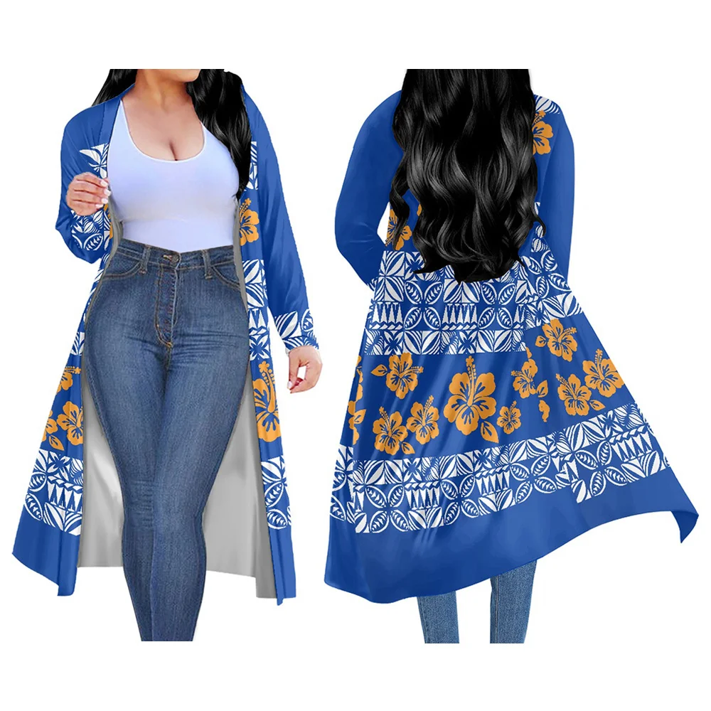 

Kimono Polynesian Tribal Samoan Clothing Blue Tiare Flowers Print Custom Ethnic Cardigan Personality Casual Women Coat Fijian