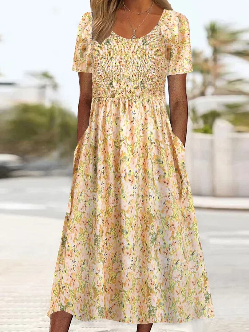 

Plus Size Women Short Sleeve Scoop Neck Floral Printed Casual Pockets Midi Dress