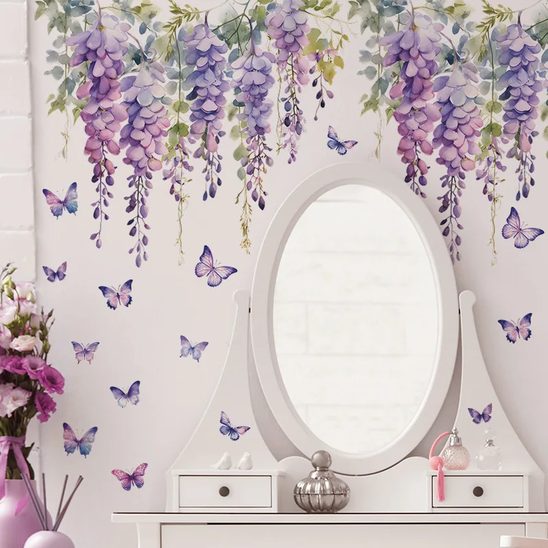 Elegant Purple Floral Butterfly Wall Decals - Self-Adhesive Home Decor Mural Stickers