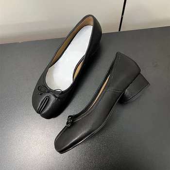 Women's Tabi Split Toe Ballet Flats Bow Knot Chunky Heel Leather Pumps 2025 New Fashion Comfortable Dress Shoes 1