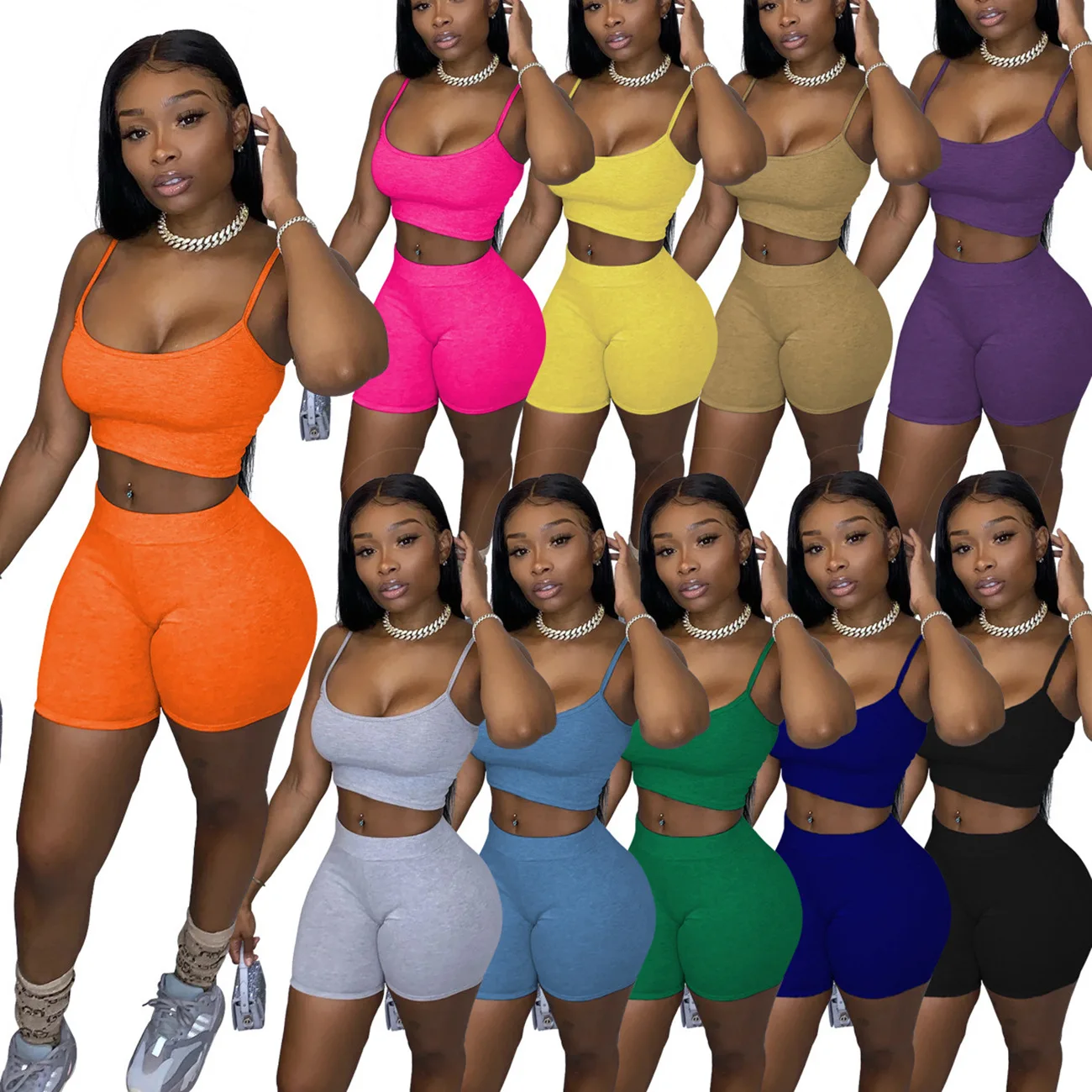 

2023 Autumn New Women's Dress Solid Color Exposed Umbilical Camisole Cycling Pants Set