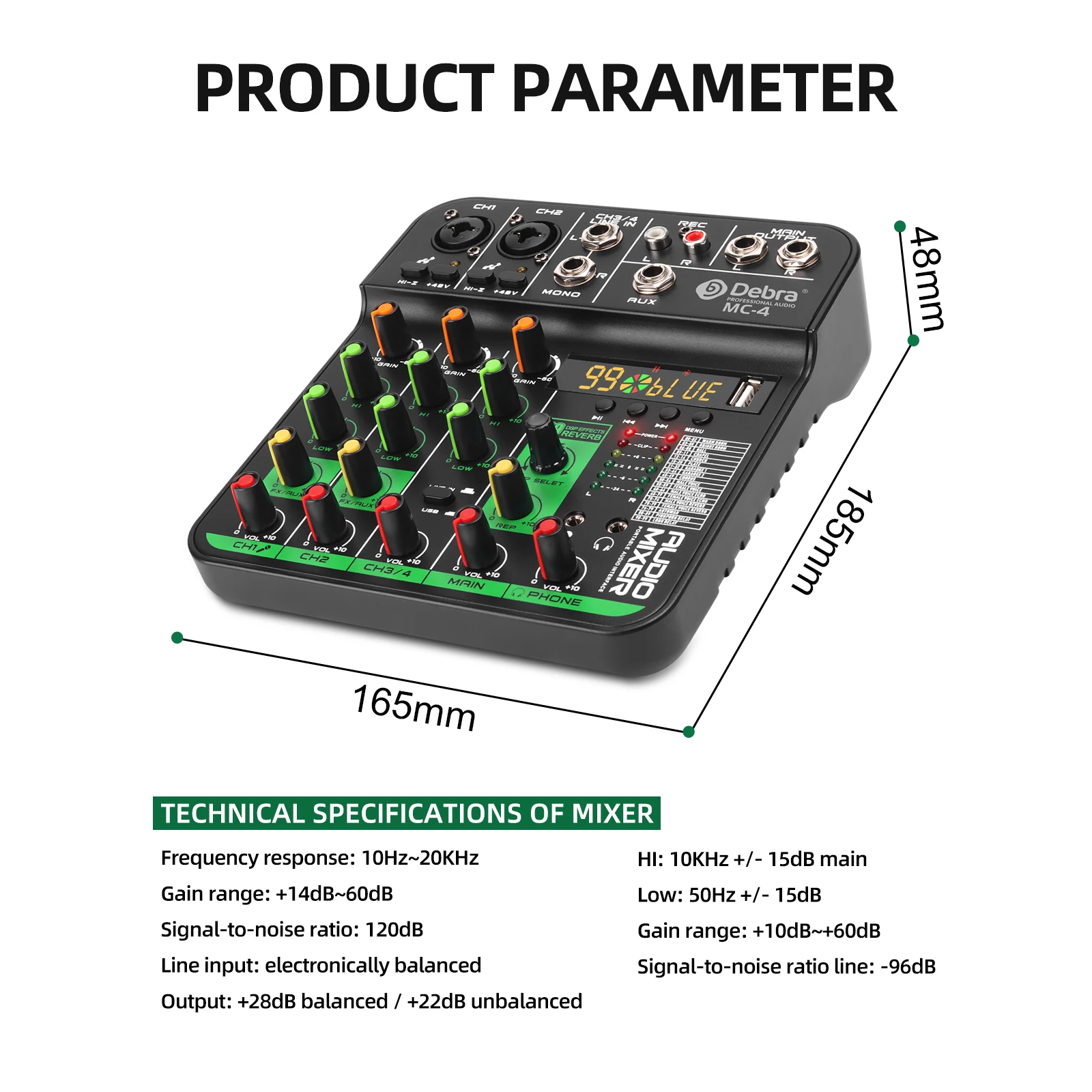 Debra MC-4 4 Channel Audio Mixer Bluetooth 5.0 99 DSP Reverb for Live Streaming