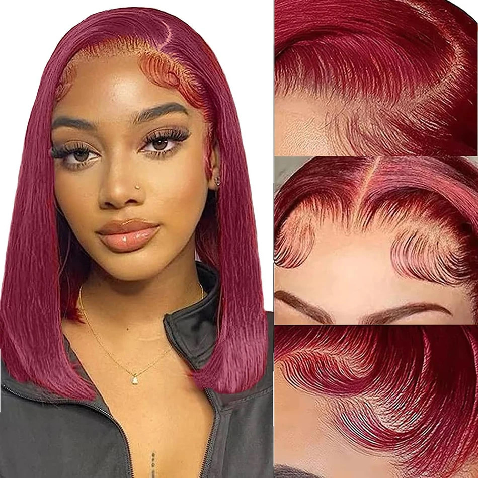 99J Burgundy Straight Bob Wigs Wear and Go Glueless Wigs 13x4 Lace Front Human Hair Pre Cut No Glue For Women Red Colored human hair wig