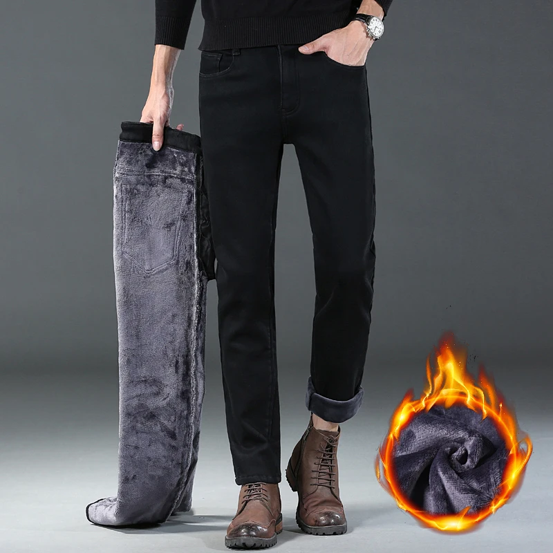 2025 Winter New Style Men's Black Straight Thick Jeans Fashionable Business Velvet Warm Denim Pants Fleece Hot Casual Pants 3