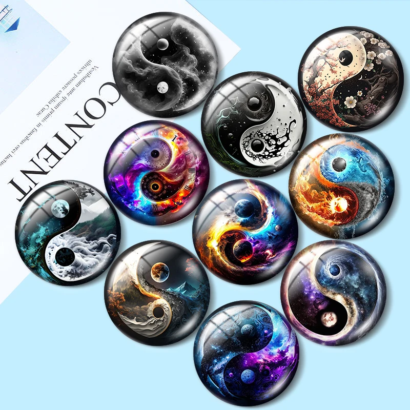 

Yin Et Yang Fine design Tai Chi mix 10pcs12mm/16mm/18mm/25mm Round Photo Glass Cabochon Demo Flat Back Making findings