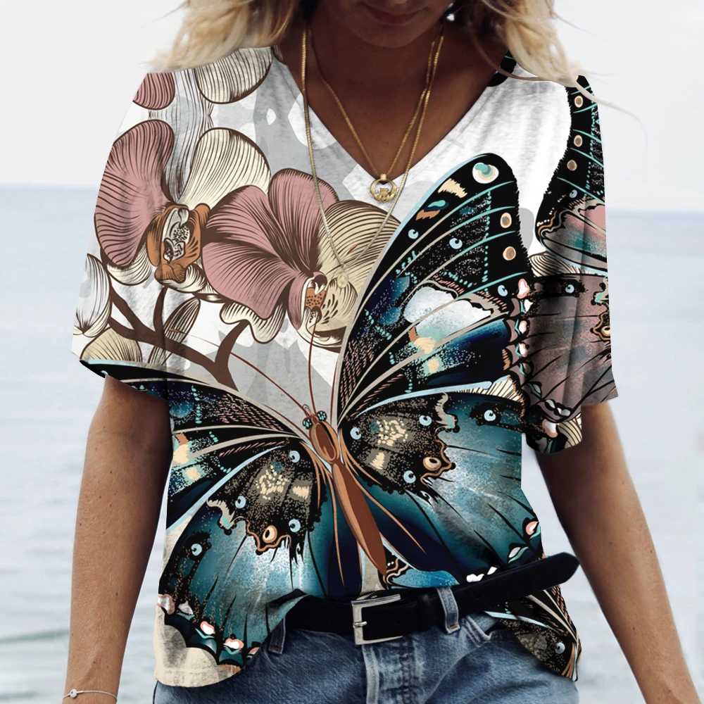 

Футболка женская с V-образным вырезом, модная рубашка с цветочным принтом, топ оверсайз с коротким рукавом, повседневная одежда в стиле Харадзюку, 5XL, на лето