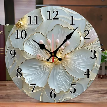 Golden & Pink Floral Wooden Round Silent Hanging Wall Clock 1