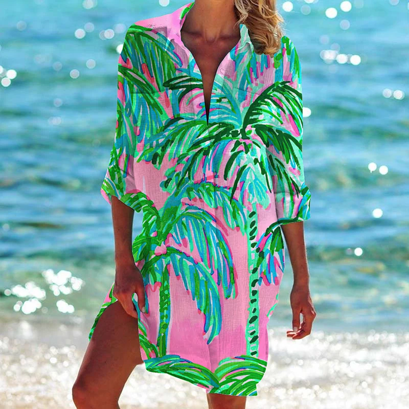 Hawaii Tropic Scenery Print Blouses Women Summer Holiday Beach Shirt Blouse Sunscreen Bikini Jacket Swimsuit Buttons Cardigan
