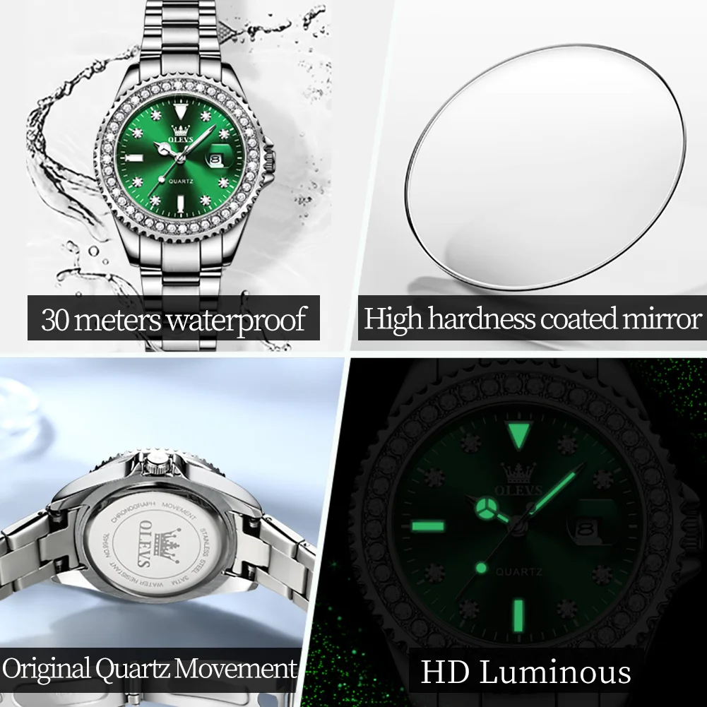 OLEVS Brand Luxury Diamond Couple Watches Men and Women Fashion Stainless Steel Waterproof Luminous Date Lovers Quartz Watch