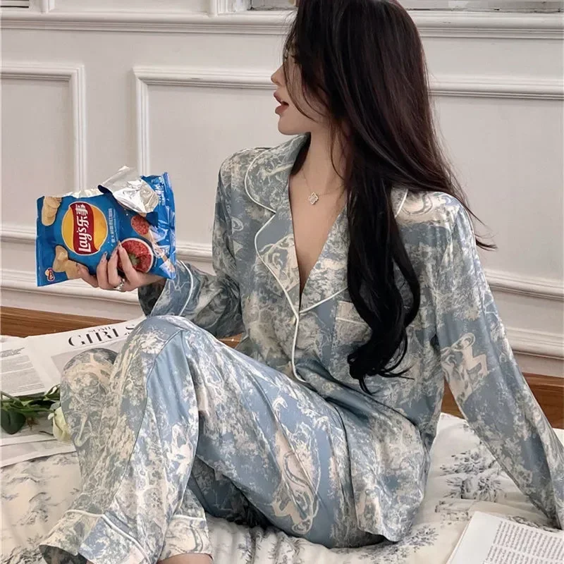 

Long Pajamas New Printing The Nightgown Sleepwear Pyjamas Pants Pijama Large Homewear Women Silk Size Real Sleeved